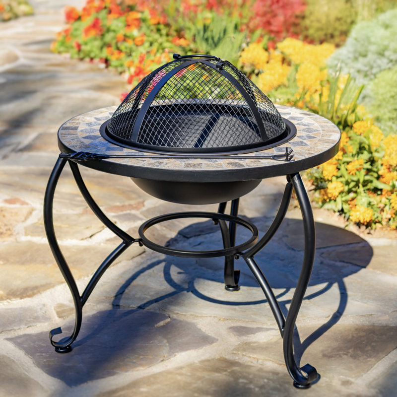 24.8"D. Round Mosaic Tile Metal Fire Pit "Medora"