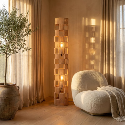 Sucher 47 in. Brass Finish Boho 2-Light Dimmable Standard Floor Lamp Living Room with Modern Natural Rattan Round Shade