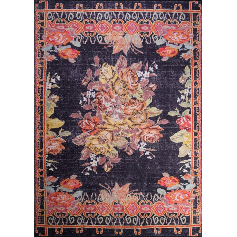 Tapis noir Ottilie, Tapis de couloir 2 pi 6 po x 7 pi 7 po