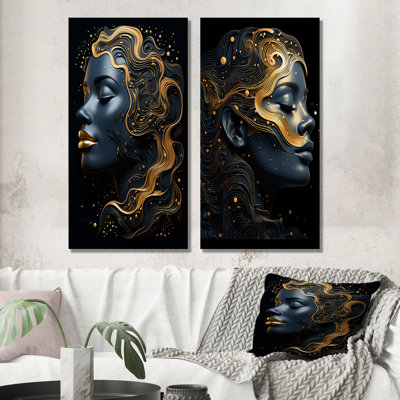 Gold And Black Celestical Woman Portrait IV - Woman Wall Art Prints Set Of 2