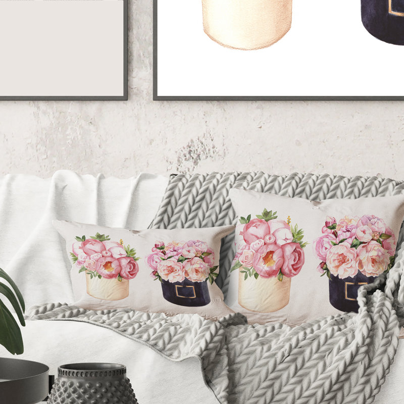 Rectangle, boîte à fleurs avec pivoines et rose - Coussin Farmhouse