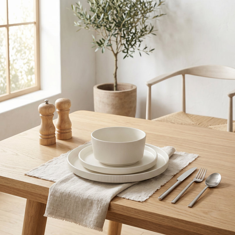 Adelle Ribbed 12-Piece Stoneware Dinnerware Set, Modern Textured Plates and Bowls Set for 4, Microwave & Dishwasher Safe