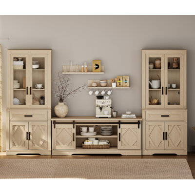 Glenford Rustic Kitchen Storage Set - 3-Cabinet Center (2 Sliding Barn Doors) With Two Tall Pantry Hutches (3 Shelves + Barn Door Cabinets), 73.3"H"