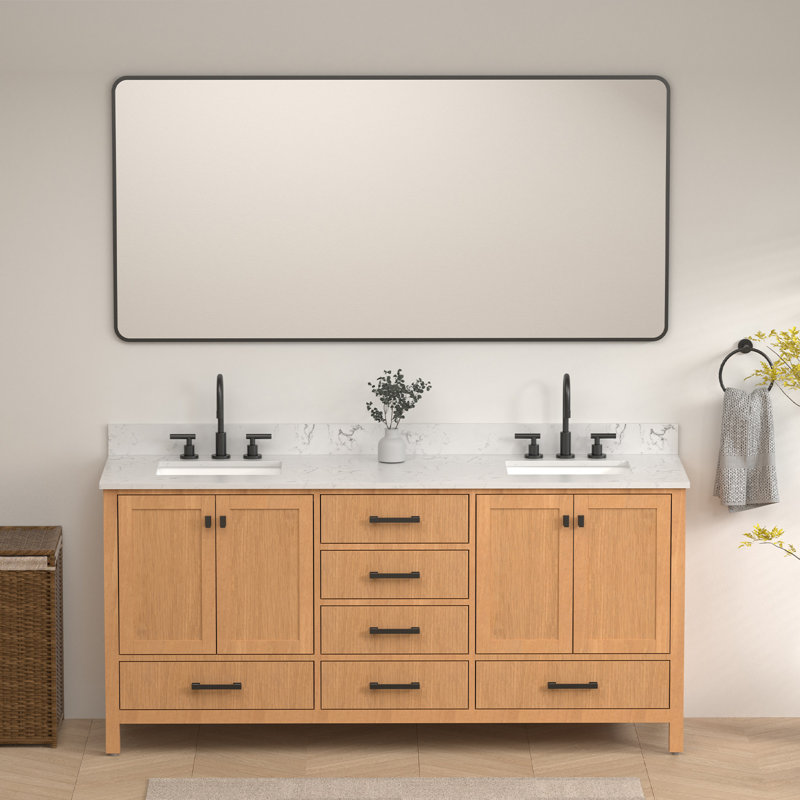 72 po Meuble-lavabo autoportant à double cuve avec plateau technique, Naturel, Noir