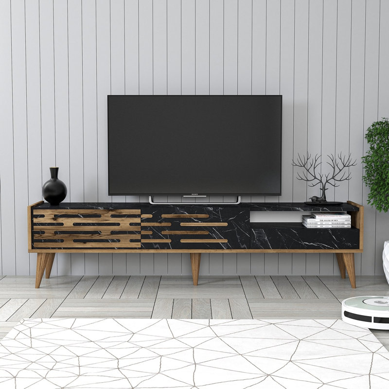 Meuble télé moderne avec plusieurs tablettes, finition noyer et marbre noir, 70,9 x 13,8 x 27,6 pouces | 100% panneau de particules enduit de mélamine, poignées et pieds élégants en plastique | Design scandinave géométrique, rangement supplémentaire
