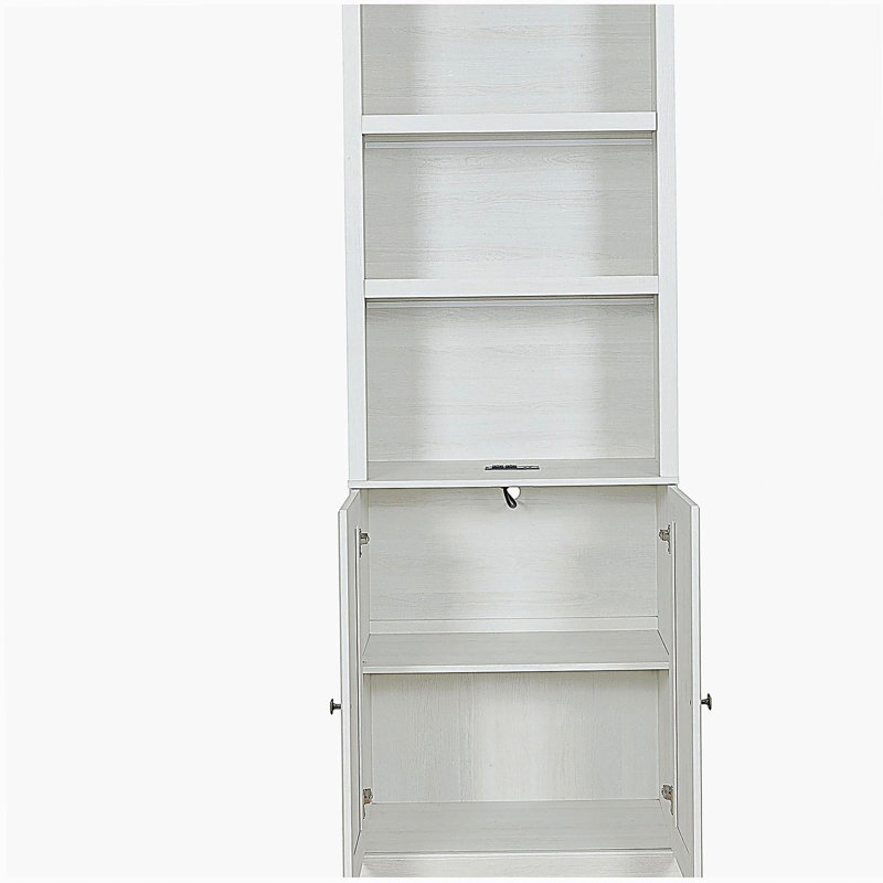 1 porte avec port USB et 3 tablettes latérales ouvertes pour tablettes de rangement, blanc rétro, Blanc rustique