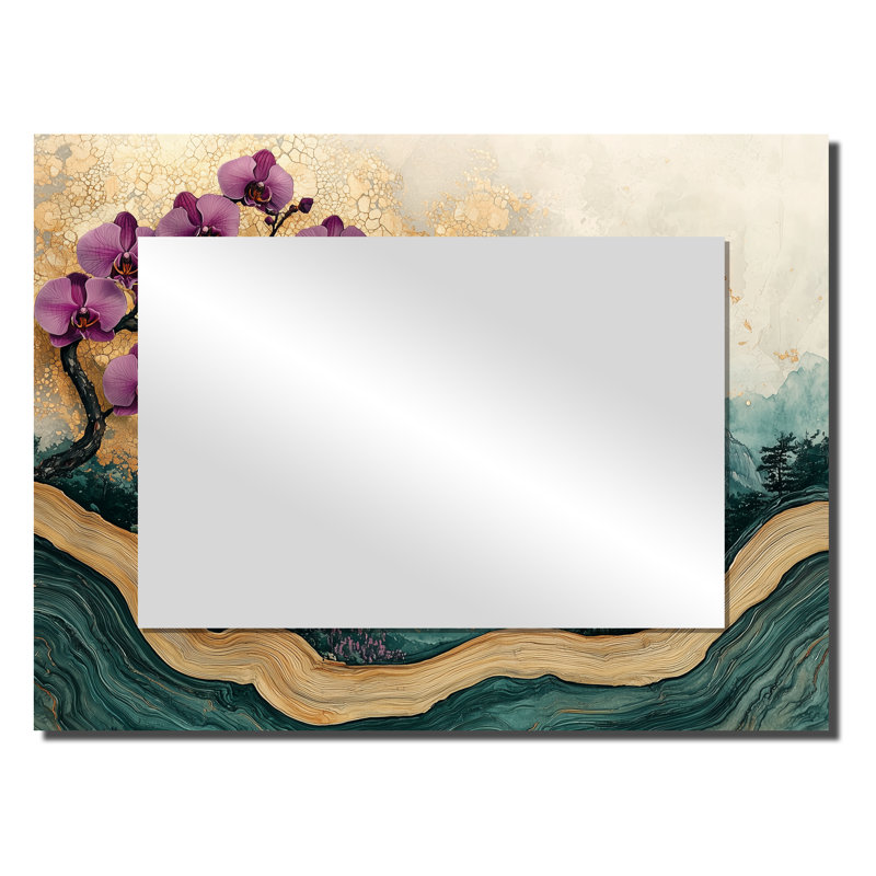 Fleurs d'orchidées lavande sur géode émeraude I - miroir floral pour décoration murale - imprimé sur métal, 24 po x 32 po
