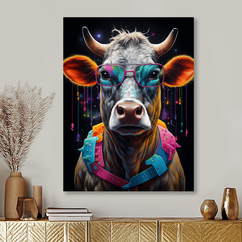 Vache avec lunettes de soleil bleues fraîches, Métal métal, H 32 po x l 24 po x P 1 po