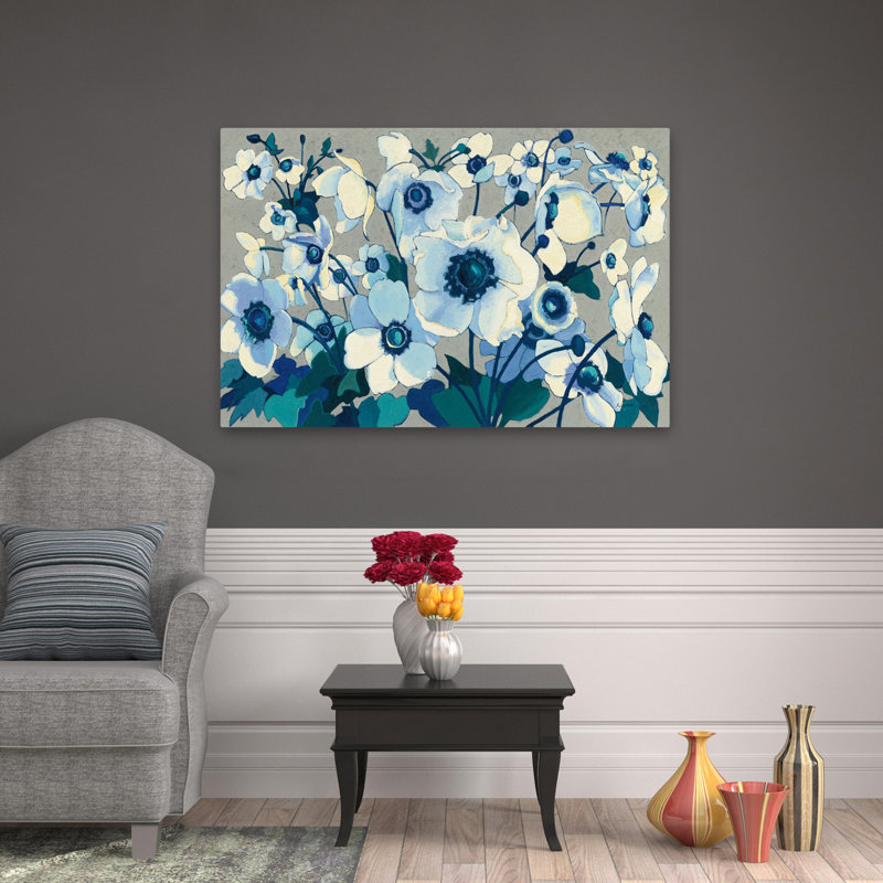 Anémones japonaises I contemporain bleu floral gris anémone verte, H 48 po x l 32 po