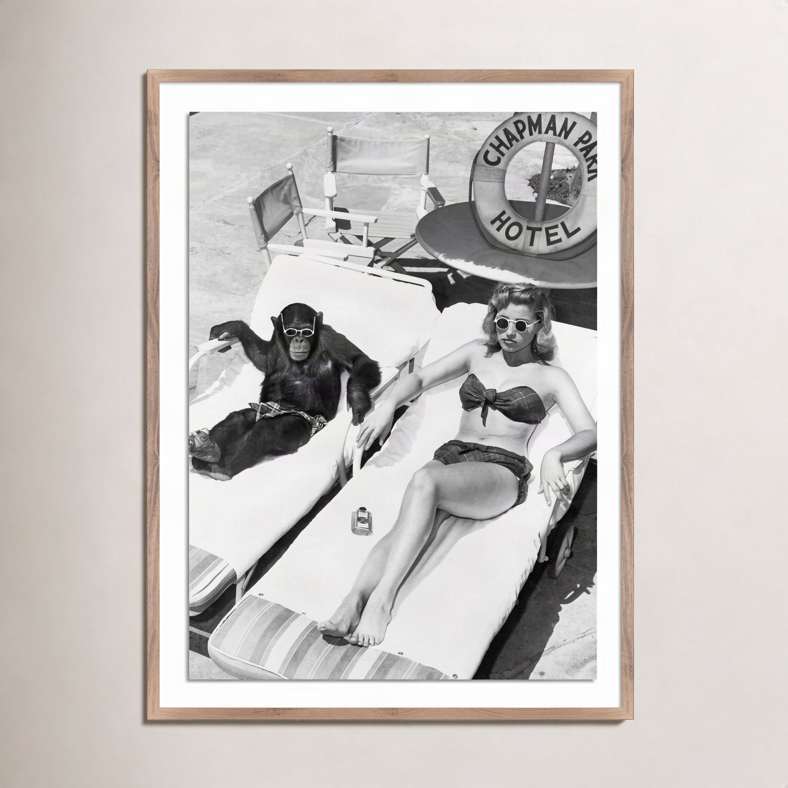 Amadeo "Woman Sunbathing with Chimpanzee" Print, 48" H x 36" W, Rustic Walnut Framed