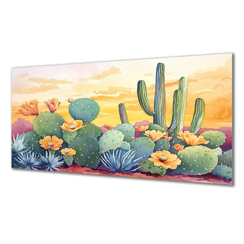 Cactus Landscape At Sunset II - Floral Metal Wall Decor, Floral Cactus Metal Print, 28" H x 60" W