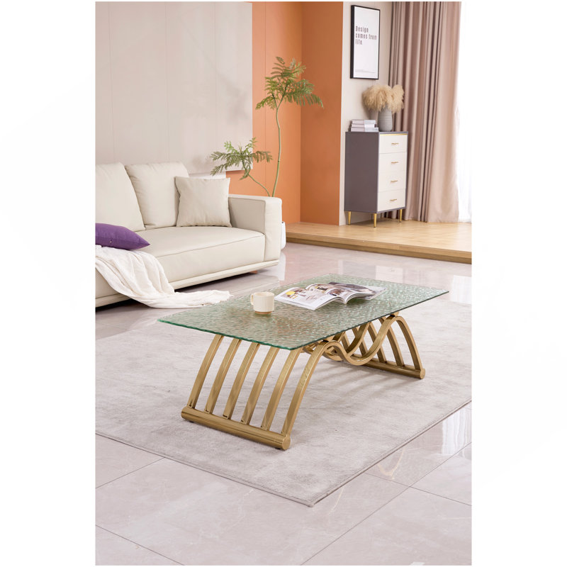 Table basse rectangulaire moderne en acier inoxydable de 47 po, table basse en verre trempé Water Ripple, table centrale, pour le bureau personnel du salon, assemblage facile, or
