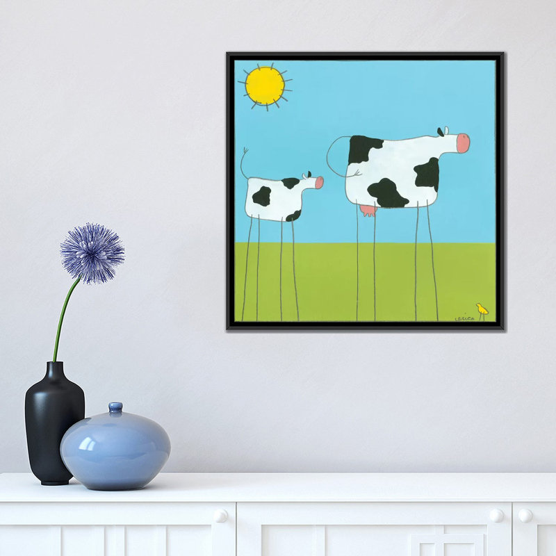 «Stick-Leg Series» Cow I », reproduction sur toile, H 18 po x l 18 po x P 1,5 po, Toile avec cadre noir, Pas de tapis