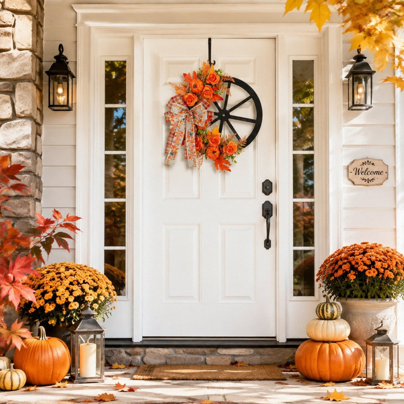 Couronne de porte d'automne avec roues orange artificielles, citrouilles et nœud écossais
