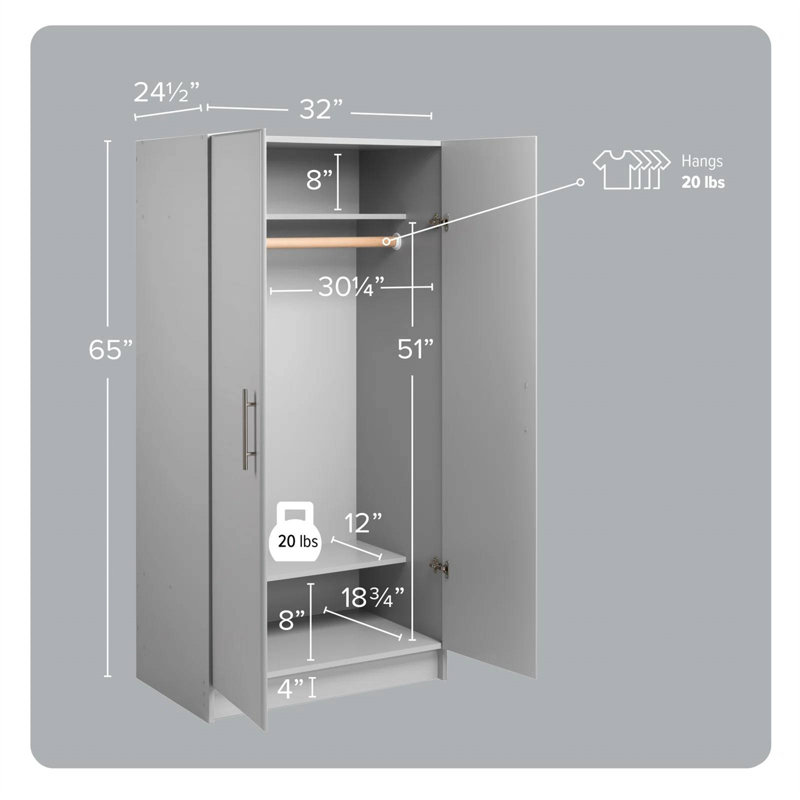 Bucholz 65" Tall Wardrobe Cabinet, Storage Cabinet with Hanging Rail and Shelves for Living Room, Kitchen, and Laundry Room, 24.5" D x 32" W x 65" H, Grey