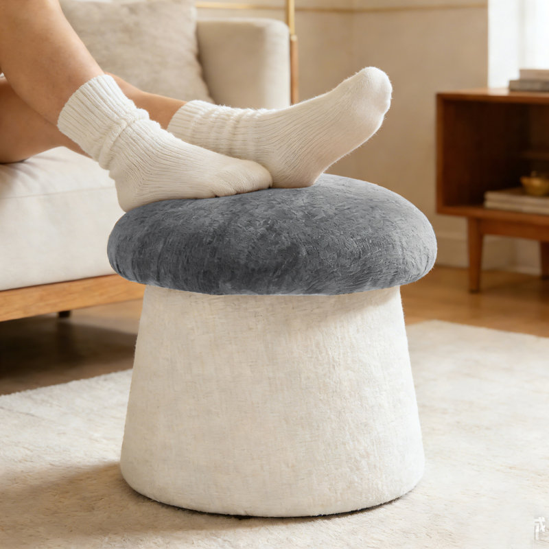 19.7"W Upholstered Storage Mushroom Ottoman, Gray/Ivory