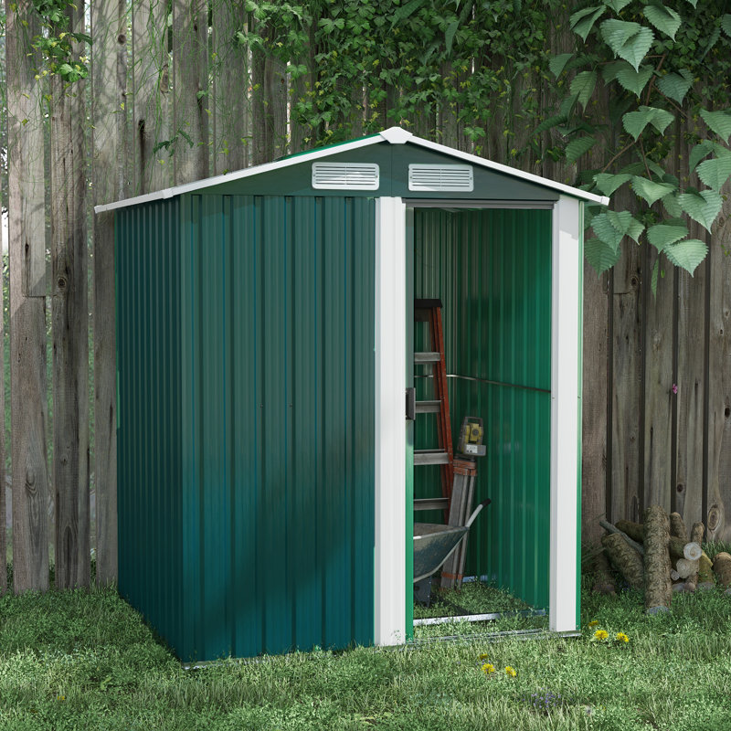 Green Metal Garden Storage Shed With Sliding Door, Sloped Roof & Base Frame, Outdoor Weatherproof Tool Shed