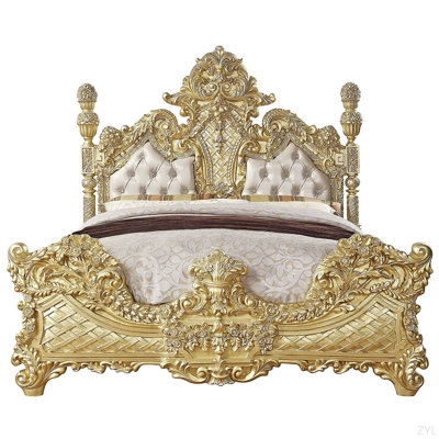 Light Gold Synthetic Leather & Gold Finish EK Bed