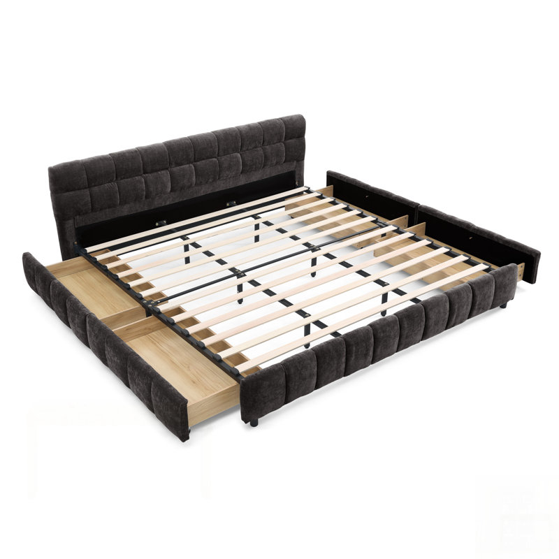 Lit tapissier en chenille avec tiroir de rangement, tête de lit confortable et structure robuste, Gris foncé