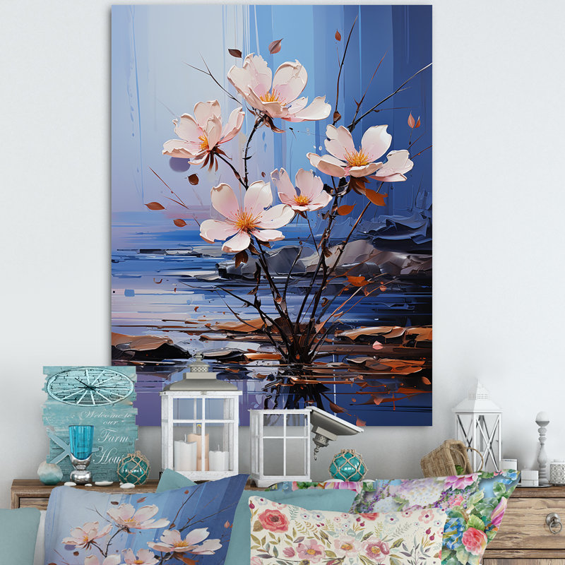 Riverside Blooms Flowers On River - Art mural fleur, Toile tendue, H 32 po x l 16 po x P 1 po