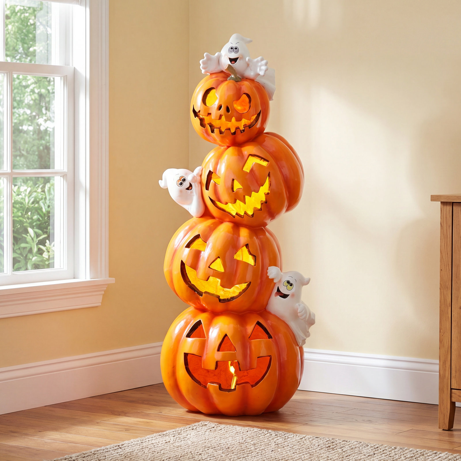 Lichter Lighted Pumpkin Stack with Ghost Decor