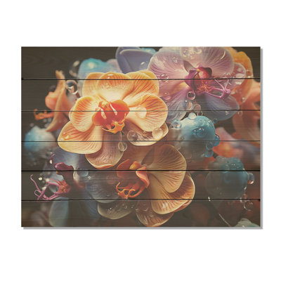 Joyeuse abstraction - art orchidées sur bois de pin naturel