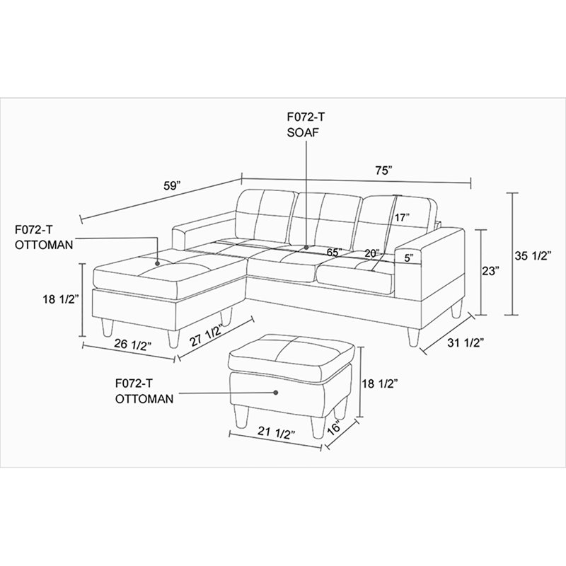 75.3" Wide Left Hand Facing Sofa & Chaise with Ottoman,  Gray/Black Faux Leather