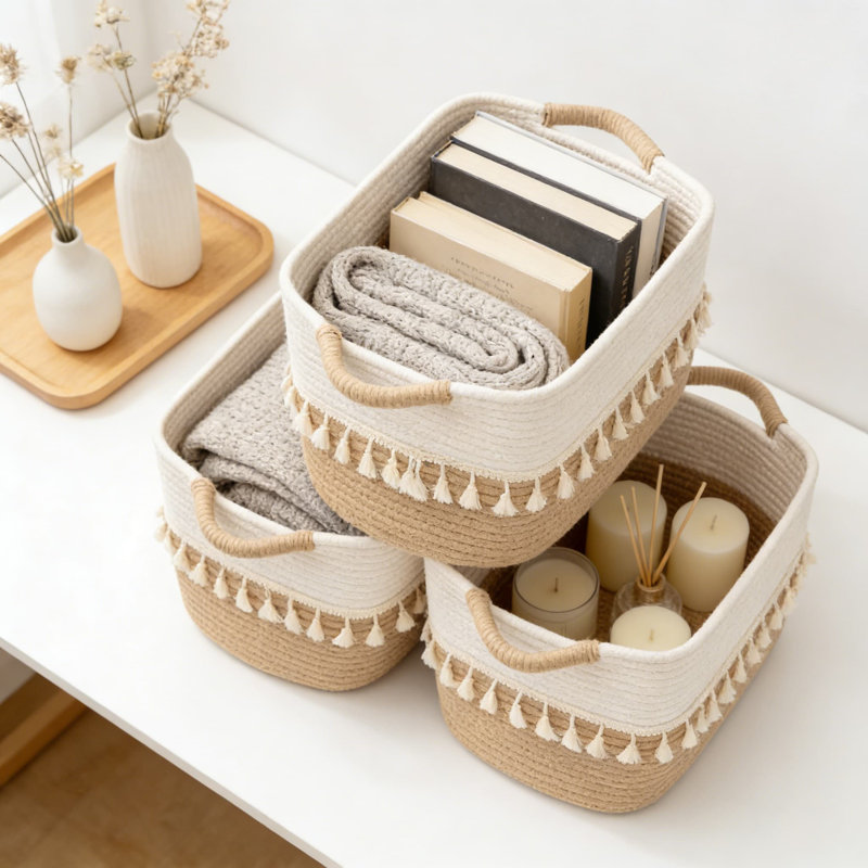 Woven Cotton Storage Baskets 3-Pack, Decorative Organizing Baskets For Toys, Clothes, Blankets, And Home Essentials, Flexible And Durable With Handles For Living Room, Nursery, And Bathroom