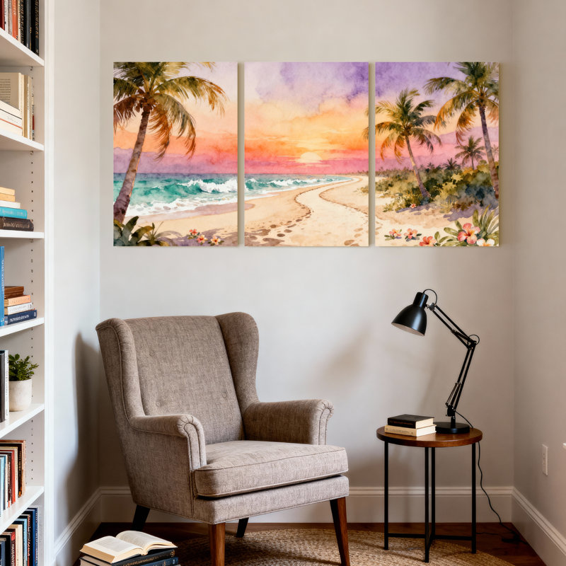 Palmiers, coucher de soleil tropical, plage, palmiers, ensemble de 3 impressions sur toile, 18" H x 36" W