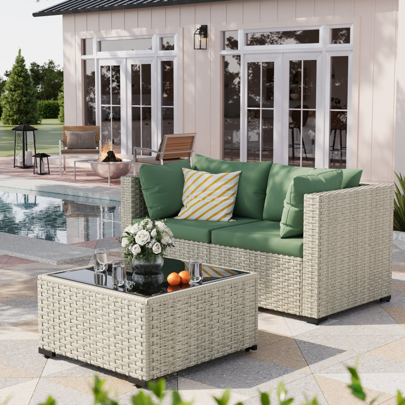 Canapé de patio en rotin avec coussins 3 pièces, Vert