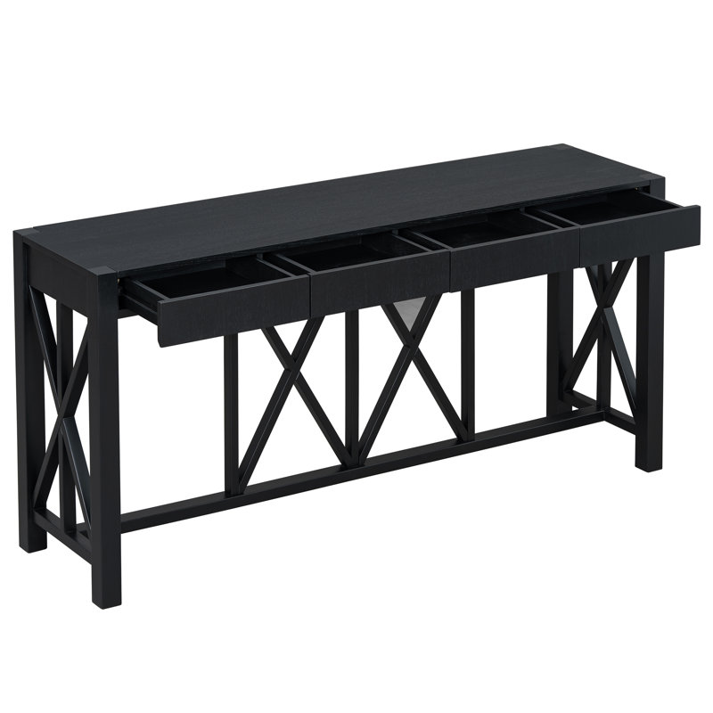 Anlen Acacia Veneer Console Table with 4 Drawers & X-Leg Base, Black