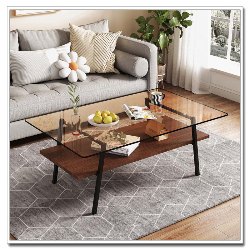 Table basse rectangulaire, plateau de table en verre trempé avec pieds, Brun, Noir/noyer