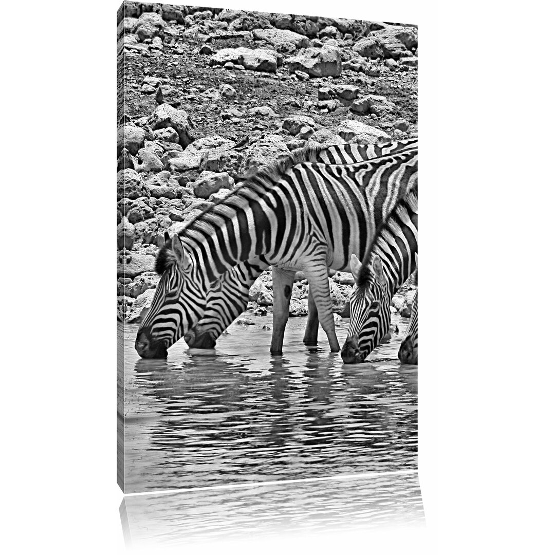 Leinwandbild Zebraherde am Wasserloch in Monochrom