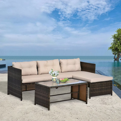 Ensemble de meubles de patio 3 pièces Outsunny, ensemble de canapé d'extérieur en rotin avec méridienne et causeuse, coussins moelleux, table en verre trempé, canapé modulaire en L
