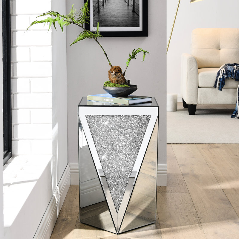 Table d'appoint en miroir avec bord taillé en diamant, + verre, table de bout argentée 13 x 13 x 23 po, conception élégante, aucun assemblage requis, po