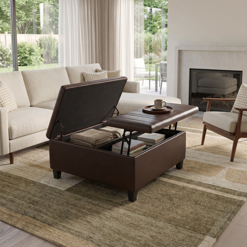 Repose-pieds de rangement pour table basse Ellis, Similicuir brun chocolat