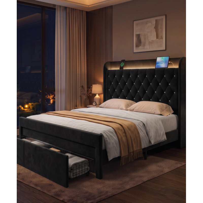 Cadre de lit en velours avec 2 tiroirs et tête de lit à oreilles, lit de rangement avec tête de lit, Queen, Noir