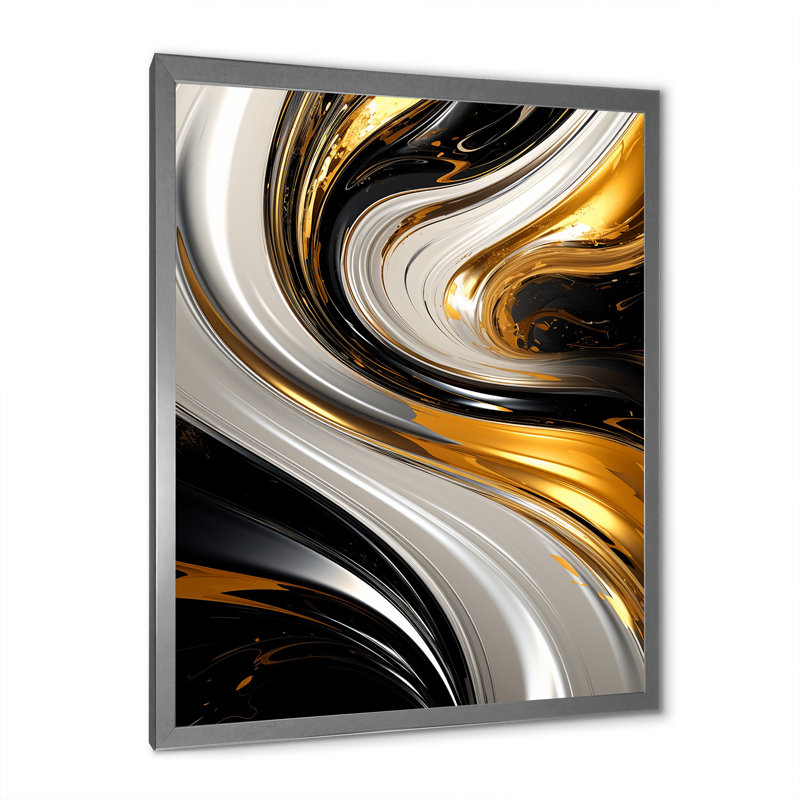 Dimension liquide sur fond or noir et blanc sur toile, H 32 po x l 24 po x P 1 po, Cadre simple argenté