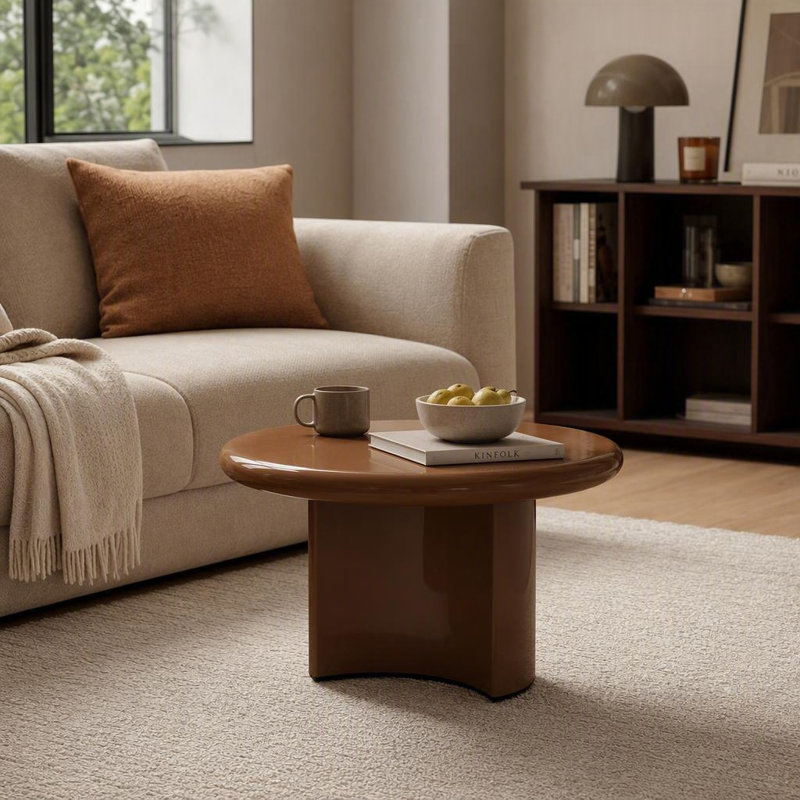 Modern Round MDF Side Table with Glossy Finish Pedestal Base