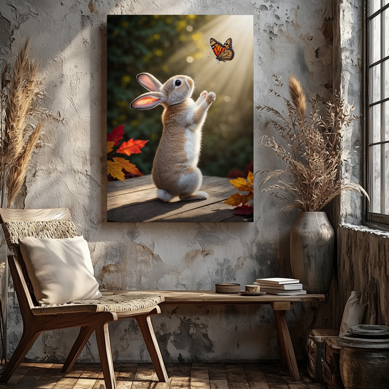 Toile, petit lapin moelleux avec fourrure de couleur crème veloutée, art mural debout sur ses pattes arrières