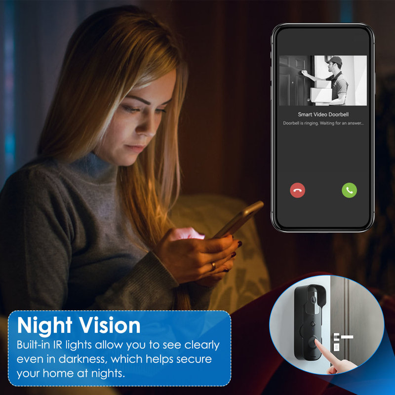 Sonnette vidéo sans fil intelligente Wi-Fi avec caméra 1 080 P, audio bidirectionnel, vision nocturne, détection de mouvement