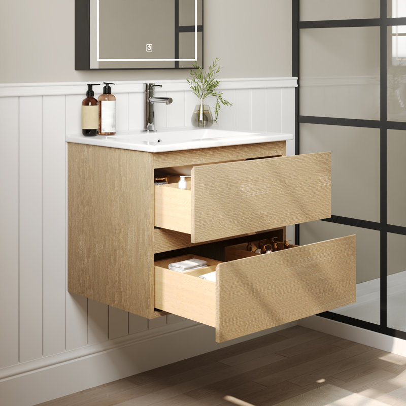 Cove 24'' Fully Assembled Wall Mounted Bathroom Vanity with Ceramic Sink Top,  Floating Bathroom Bathroom Vanities