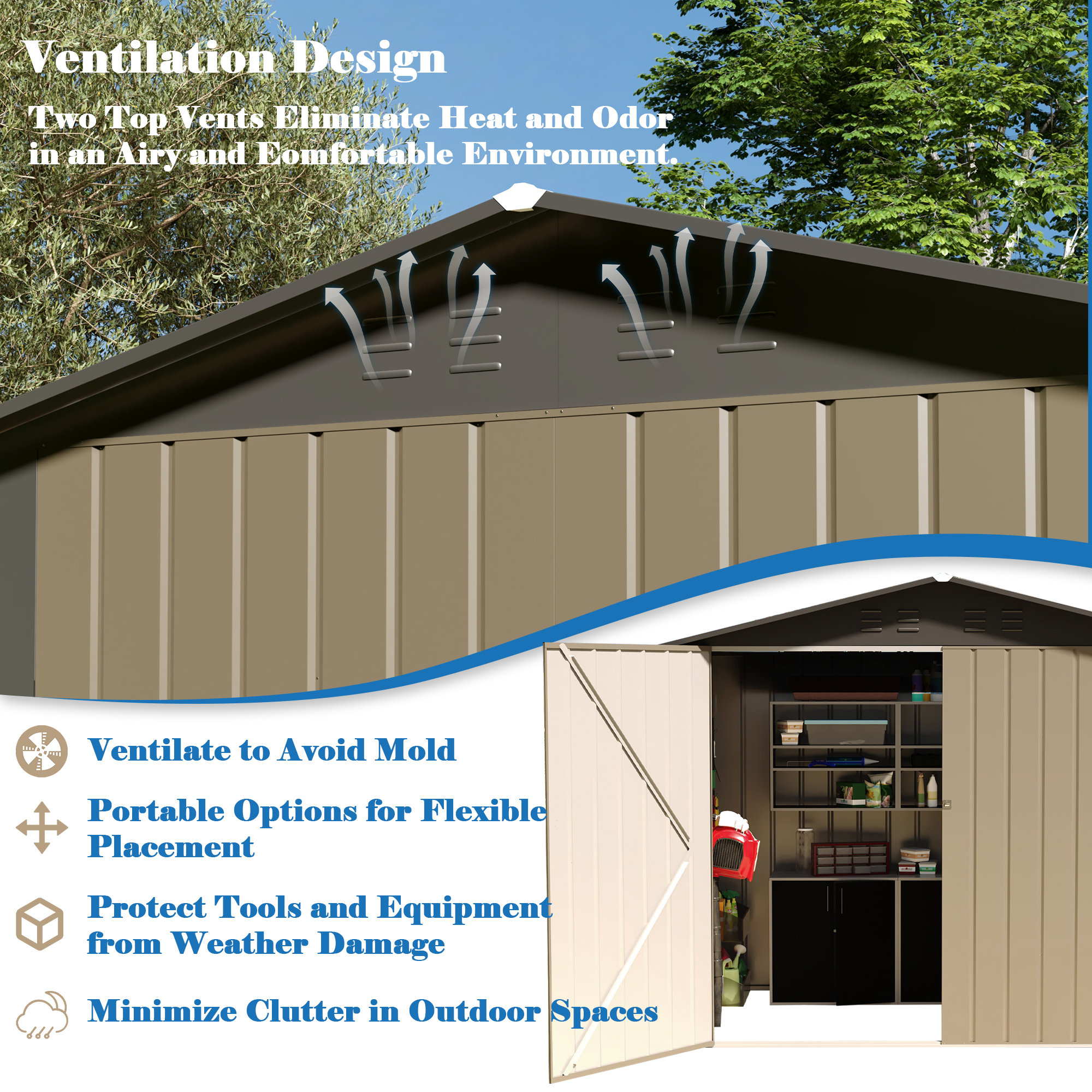 8x12 FT Outdoor Storage Shed, Garden Shed With Lockable Doors, Metal Tool Sheds