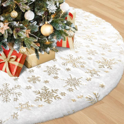 Christmas Tree Skirt, 48 Inches White Luxury Christmas Tree Skirts With Snowflake, Xmas Tree Skirt Decorations For Christmas New Year Party Decor