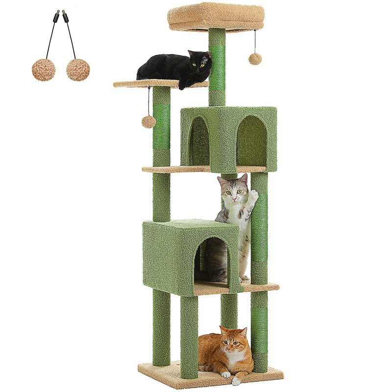 Arbre à chat inférieur pour chats d'intérieur, tour pour chat à plusieurs niveaux de 62 po avec 2 condos spacieux, patin à griffer, 4 poteaux à griffer, 2 perchoirs supérieurs, 2 pompons