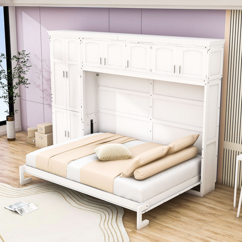 Grand lit escamotable en bois à deux tiroirs avec armoires Danesfield, Blanc
