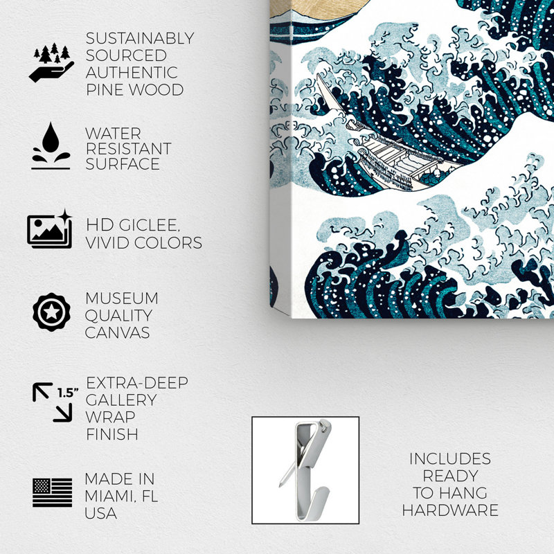 Nautique et côtier, la grande vague d'or - impression d'art graphique, H 36 po x l 54 po x P 1,5 po, Toile tendue
