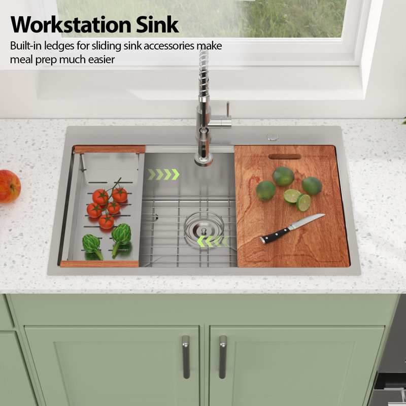 30" L x 22" W Drop-in Kitchen Sink Workstation Sink 16 Gauge Stainless Steel Single Bowl Sink