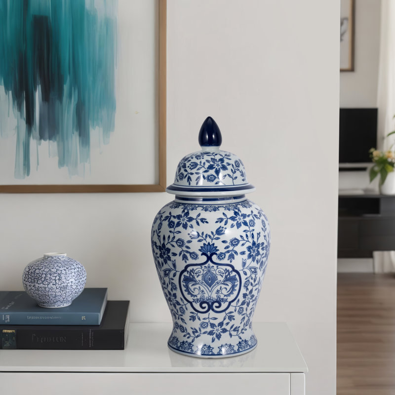 Pot Jimerso avec motif floral bleu et blanc et couvercle amovible , H 18 po x l 9,5 po x P 9,5 po