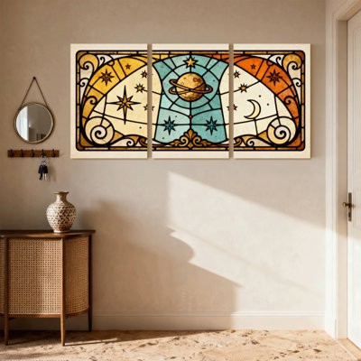 Fantasy & Sci-Fi Stained Glass Cosmic Pattern With Planets Stars And Moon Set of 3 Canvas Wall Art Prints